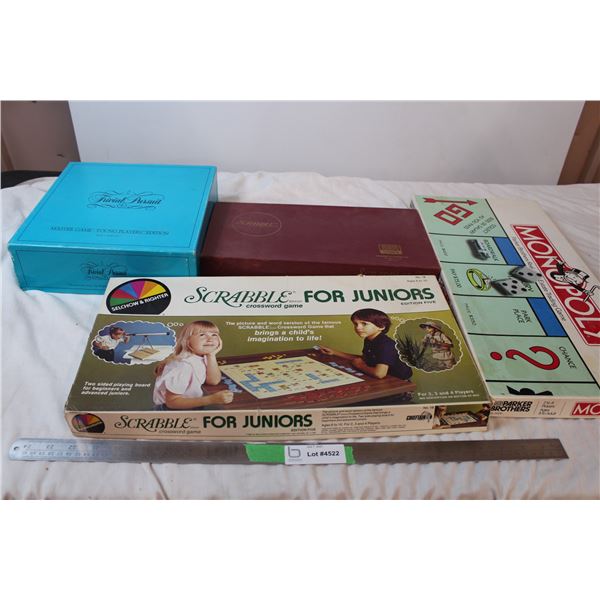 Monopoly, two editions of scrabble, Trivial Pursuit “Young players edition”