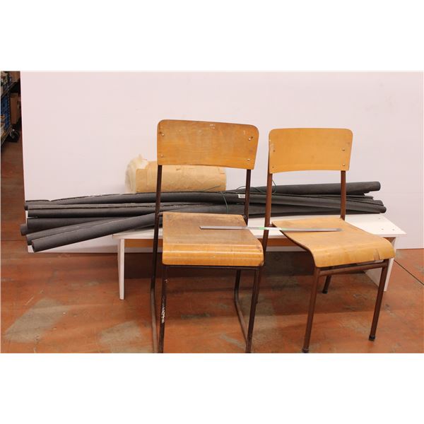 Two wooden chairs, short bench, insulation