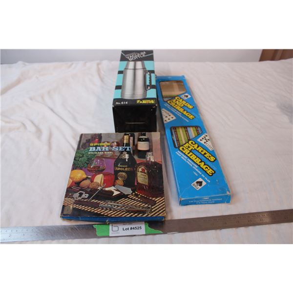 Cribbage Board, Vacuum Bottle (stainless), 5 piece stainless steel bar set (one missing)