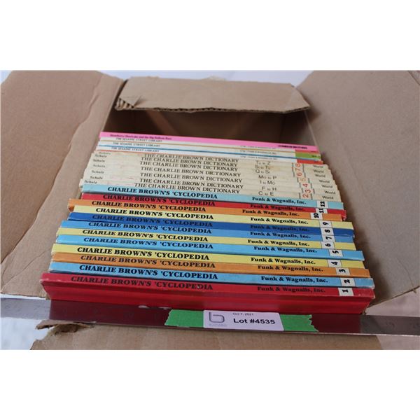 Box of books, Charlie Brown’s ‘cyclopedia, The charlie brown dictionary, The sesame street library (