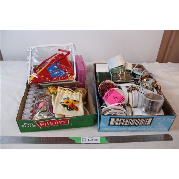 Box of ribbons and various other crafting supplies