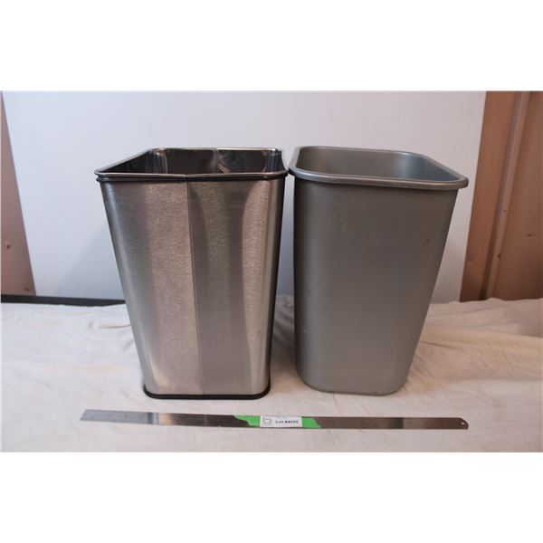 Two garbage bins, one metal one plastic