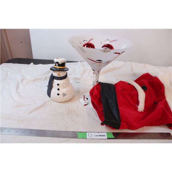 Giant snowman martini glass, snowman candle holder, and santa apron