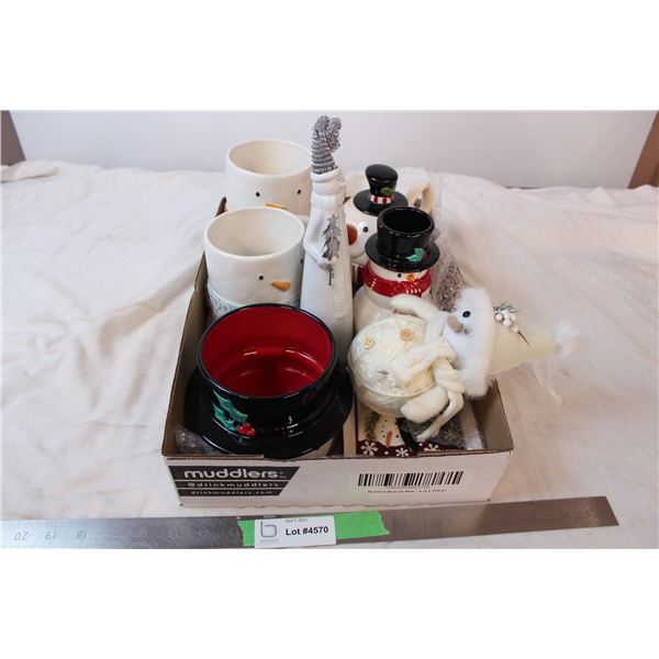 Snowman mugs, snowman teapot, and various snowman decor