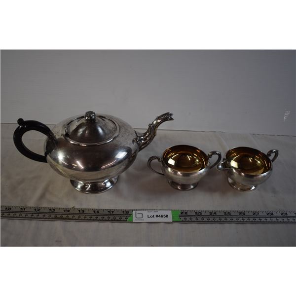 Coronet Silver Plated Copper Teapot and Sugar/Cream Dishes