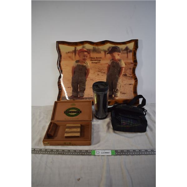 Wooden Wall Art, Cigar Box, Travel Mug, and Cross-Body Bag