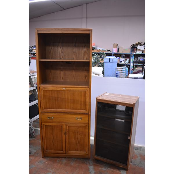 Large Wooden Cabinet with Contents (77"H x 30"W x 17"D) and Small Entertainment Cabinet (Damaged)