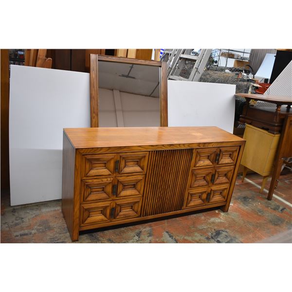 Vintage Pecan Wood Dresser (18" x 63" x 31"H) with Mirror