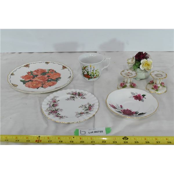 3 Fine China Plates, Tea Cup, China Styled Ornaments/Candle Holders