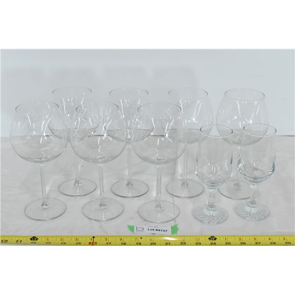 7 Matching Wine Glasses & 2 Thick Glasses