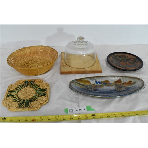 Decorative Plates, Covered Serving Tray, Wicker Bucket & Pot Mat