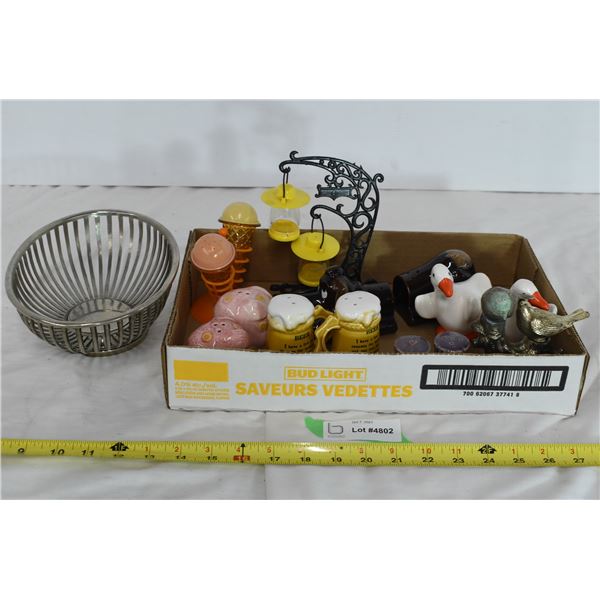 Assorted Salt & Pepper Shakers w/ Metal Fruit Bowl