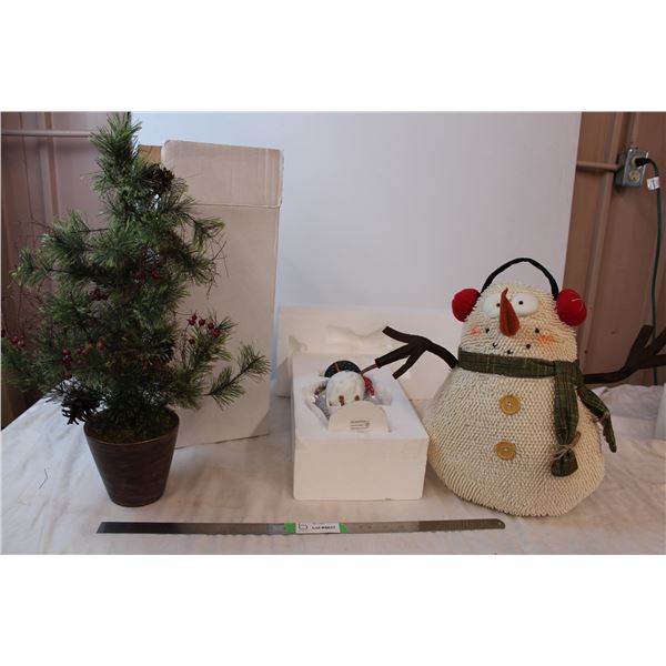 Two snowman decor and table top tree