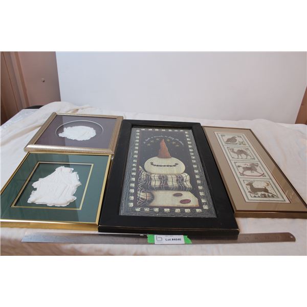 Framed cross stitching, framed plaster art, framed snowman art