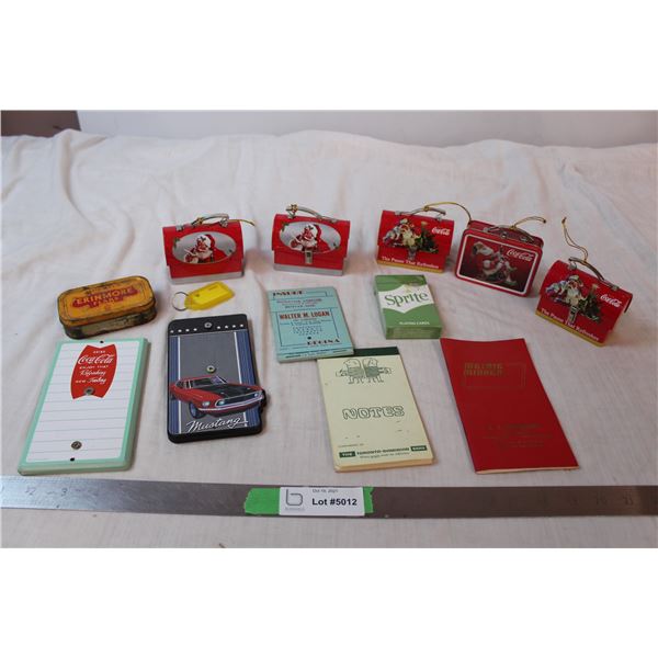 Coca Cola lunch box tree ornaments, sprite playing cards, misc.
