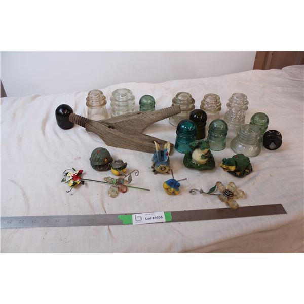 Glass insulators, misc garden decor