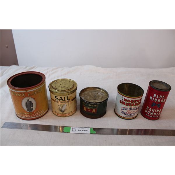 Vintage tins; tobacco, grease, sugar, baking powder