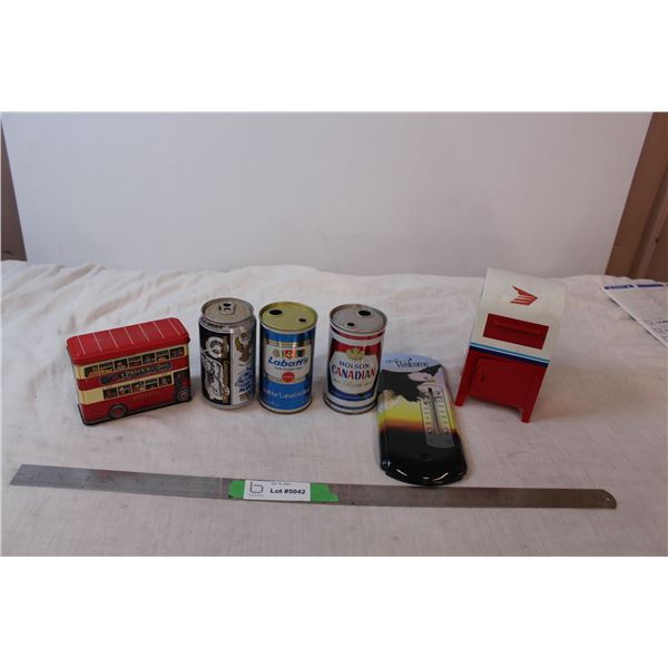 Canada Post coin bank, vintage beer cans, double bus tin, room thermometer