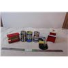 Image 1 : Canada Post coin bank, vintage beer cans, double bus tin, room thermometer