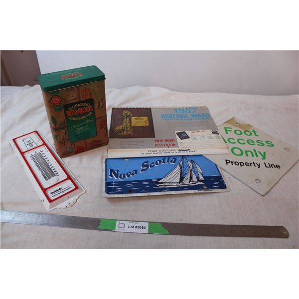 1984 Heritage award calender, vintage tea tin, Nova Scotia vanity plate, sign
