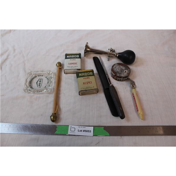 Misc. Items; bicycle horn, vintage spices, ashtray