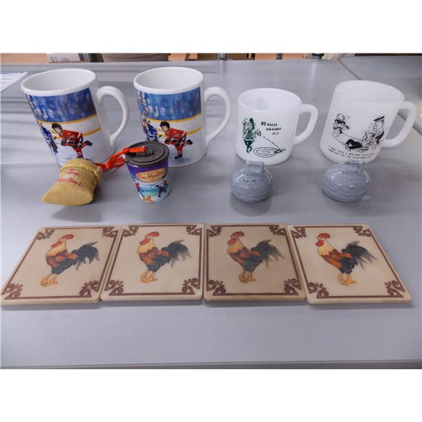 Tim Hortons + curling mugs, curling rock S& P shakers, rooster coasters
