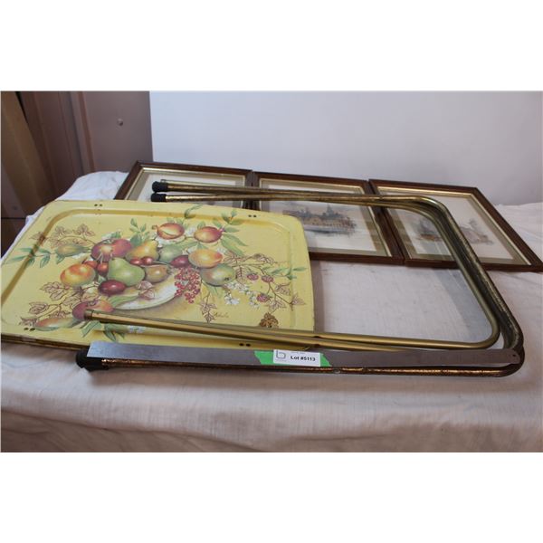Vintage TV dinner trays, three framed art prints