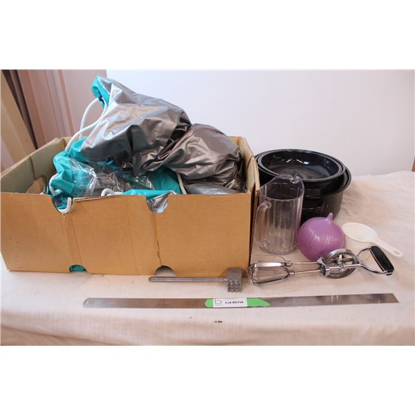 Plastic pool, two roaster pan, misc. Kitchen supplies