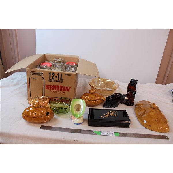 Two carnival glass bowls, ceramic potatoes, mason jars