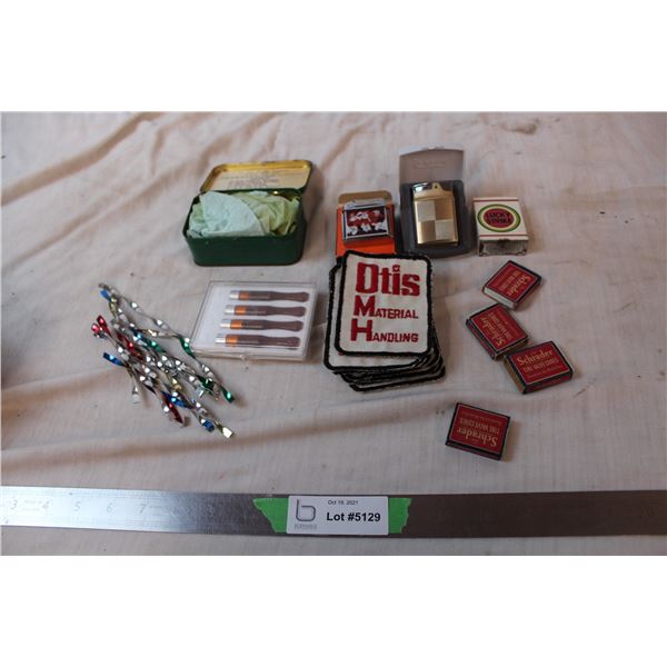 Otis Elevator company first aid kit, Ronson lighter, fisher lighter, schrader tire valve cores