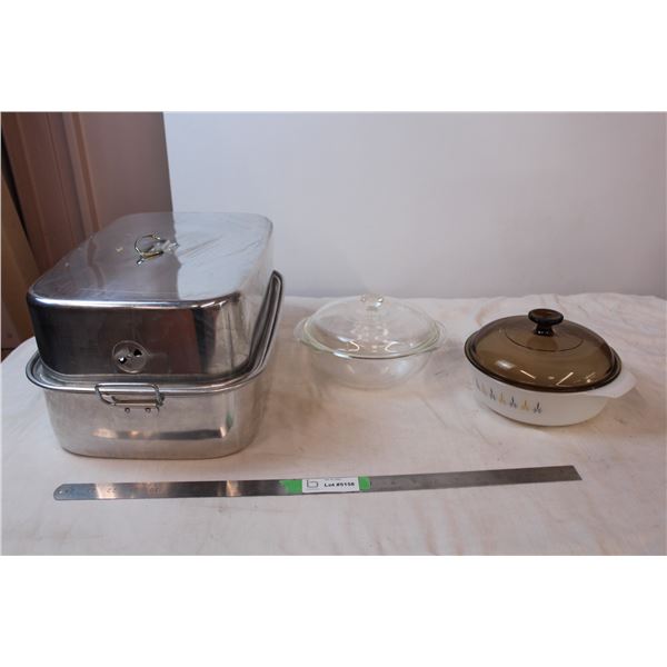 Metal roasting pan, glass casserole dish, ceramic casserole dish