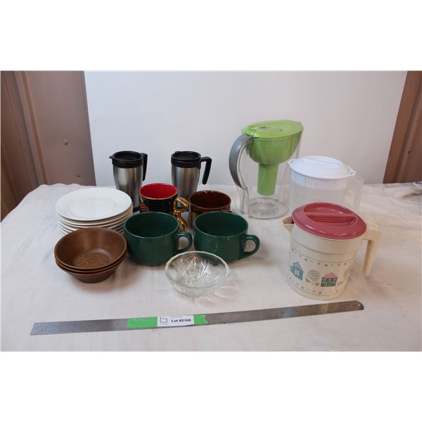 Britta water filter jug, plastic pitchers, misc. Mugs and plates