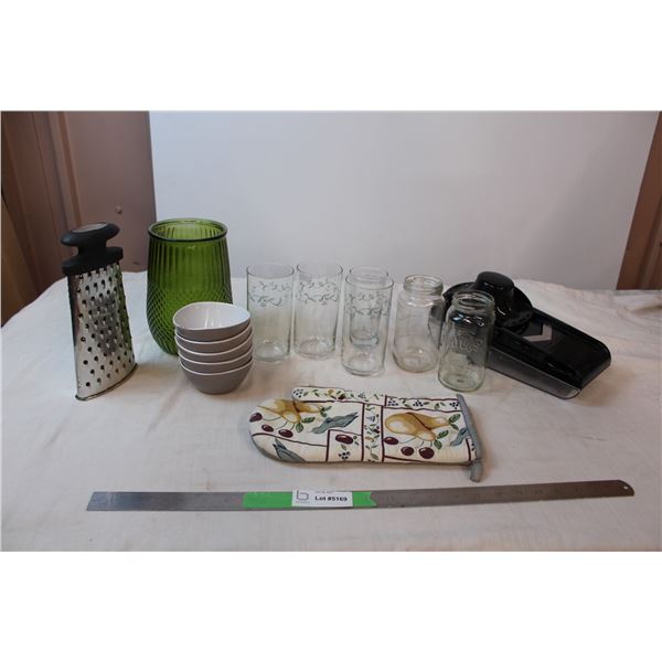 Cheese grated, plastic mandoline, one oven mitt, and misc glassware