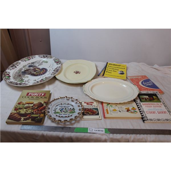 ceramic serving plates and vintage cook books