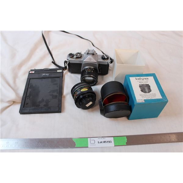 Pentax camera with 35mm F:2.8 lens and 4x5 Lisco cut film holder