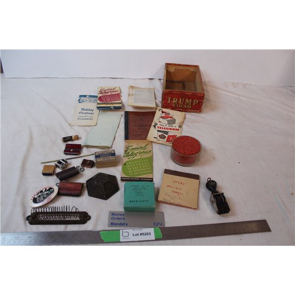 Vintage clerical items, stamps, note pad, sponge, etc.