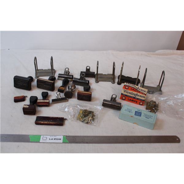 Vintage clerical items, stamps, locks, metal clips