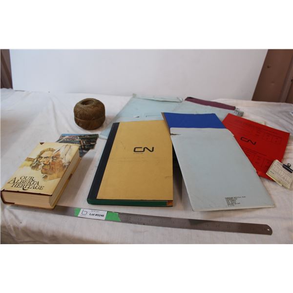 CN documents, “Our Alberta Heritage”, Postcards, and twine