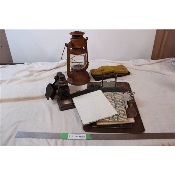 Vintage Lantern, clipboards, and stamper (missing parts)