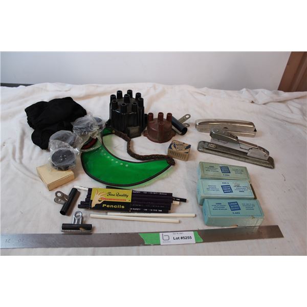 Vintage clerical supplies, visor, staplers, unused pencils