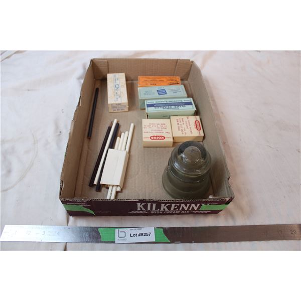 Vintage clerical supplies, staples, ribbon, glass insulator