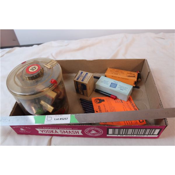 Vintage clerical supplies, rubber stamps, ink, staples