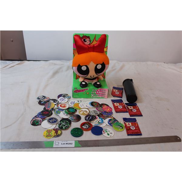 Pogs, Blossom “Powerpuff girl’s” plush doll, Official 1998 Team Canada Hockey medallions
