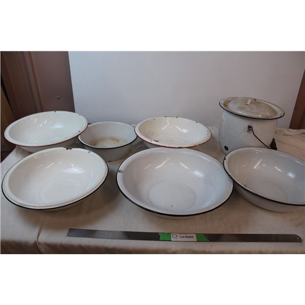 Enamel bowls and pot