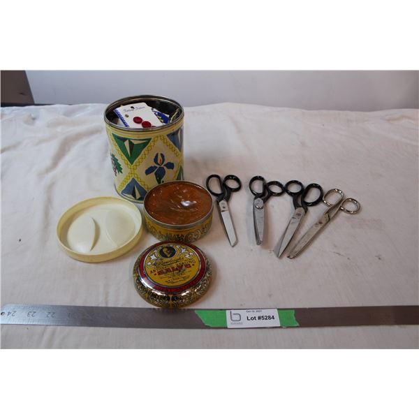 Jar of buttons, Rauleigh’s anticseptic healing salve, scissors