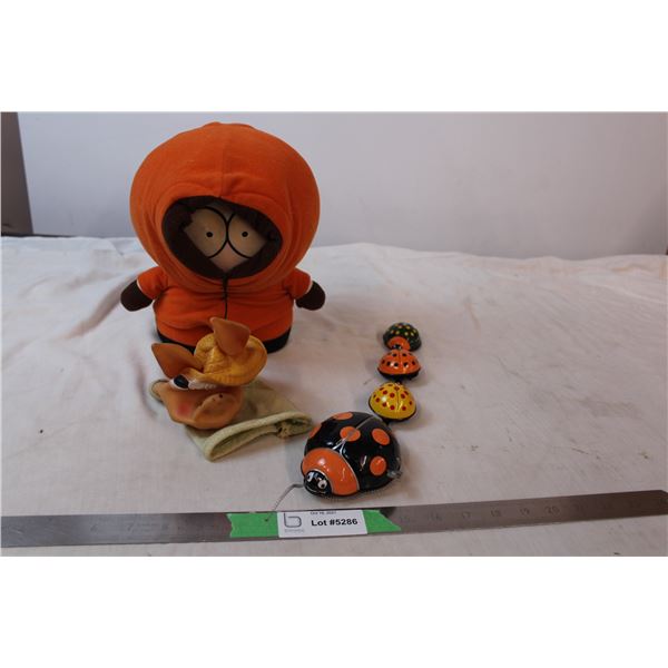 Wind-up ladybug toy, Southpark “Kenny” plush doll, Donkey puppet