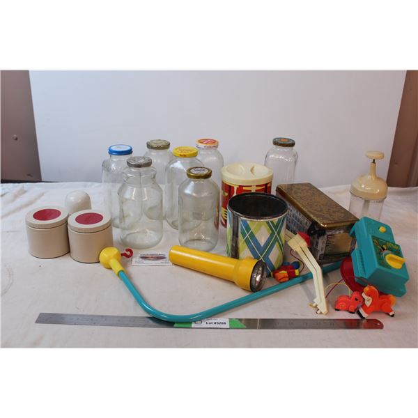 vintage glass jars, storage tins, fisher price music box