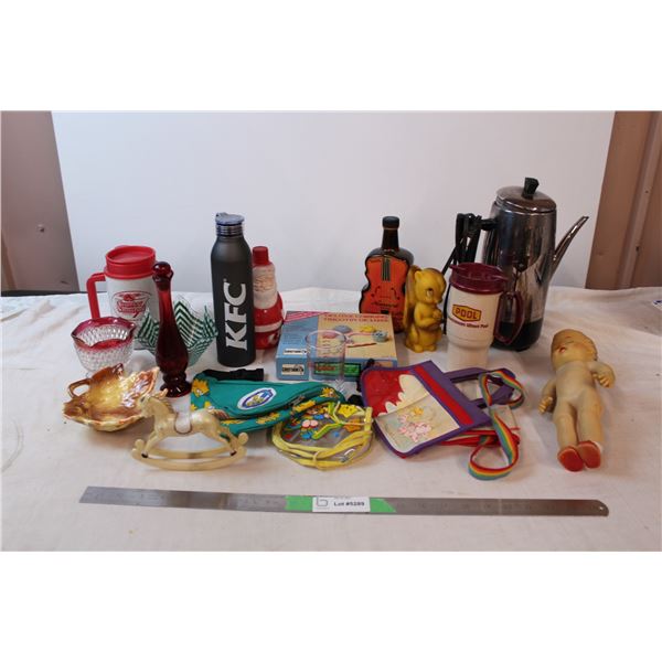 Vintage squeak toys, kids bags, glassware+thermos, misc