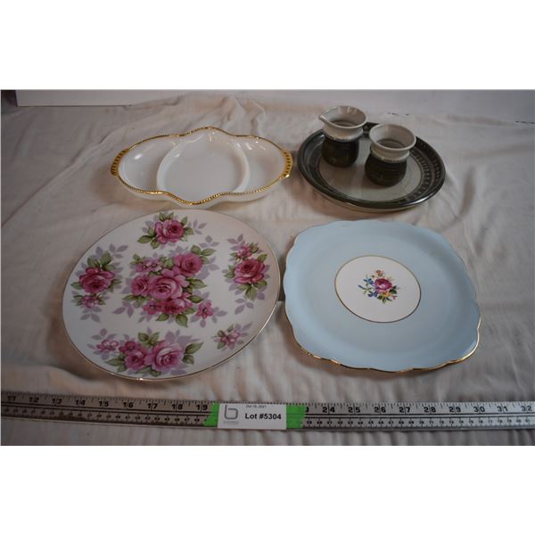 Fire King Divided Dish, Stoneware Plate, and 2 Decorative Plates