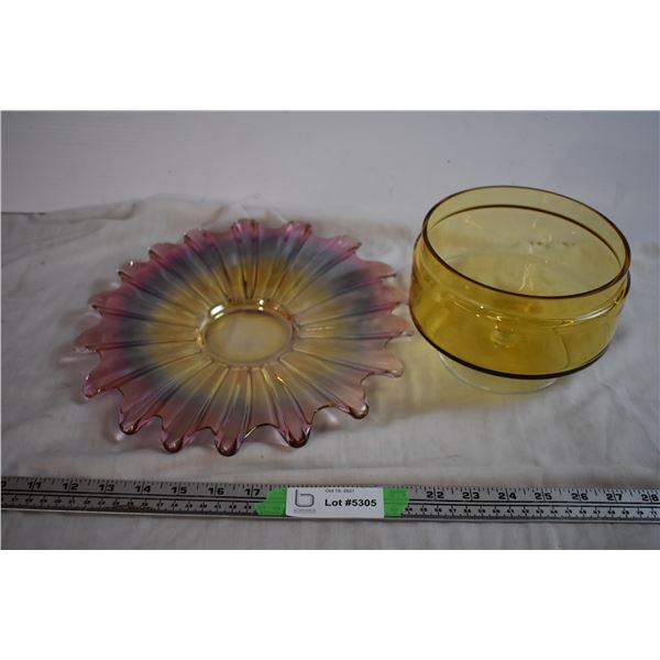 Carnival Glass Plate and Amber Glass Candy Dish
